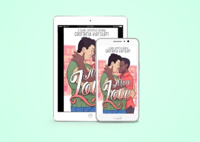 More to Love by Georgina Kiersten An illustration of a plus size Korean man holding and kissing a Black man with a short afro and wearing glasses.