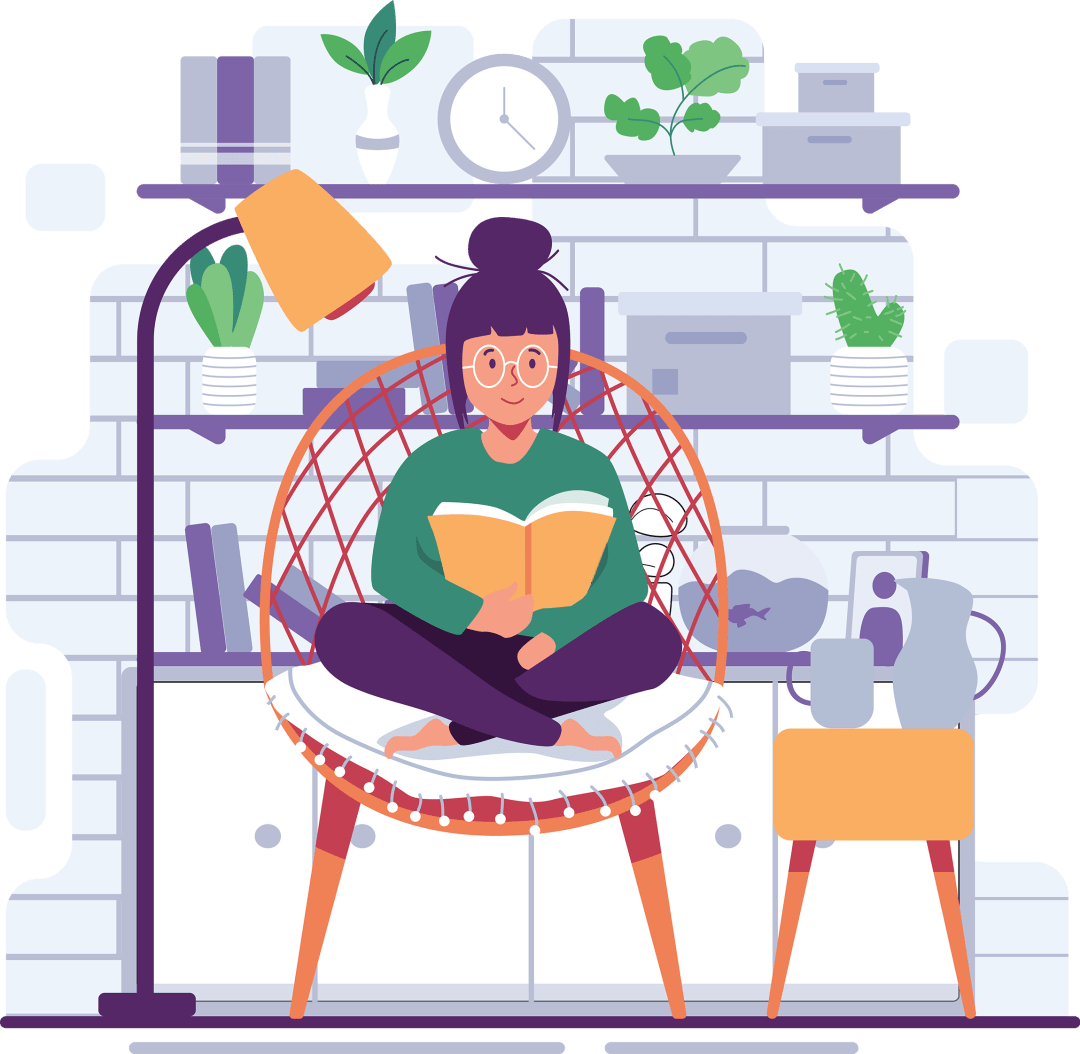 an illustration of a woman wearing glasses sitting in a chair reading books. 