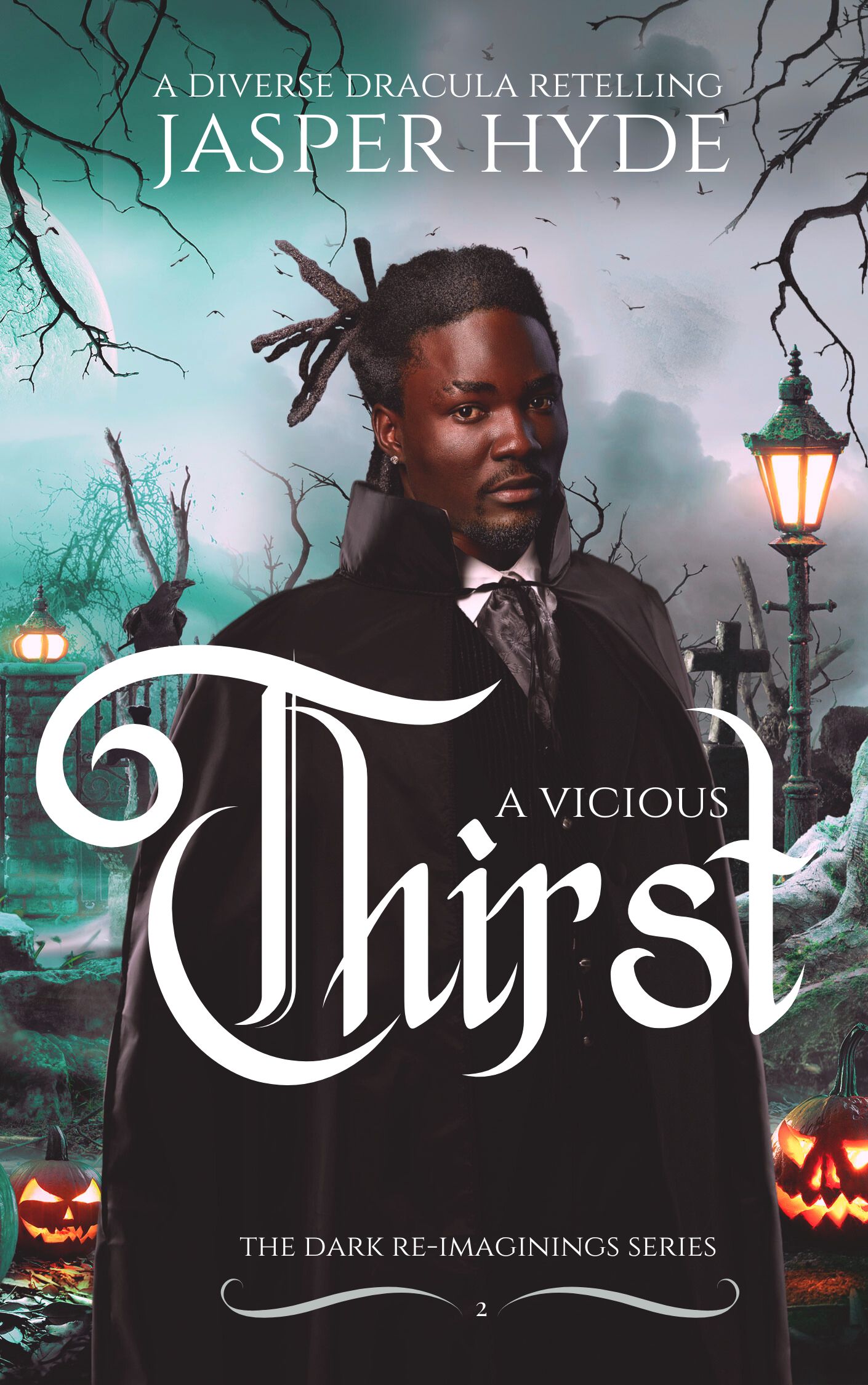 A sexy dark skinned black man with locs wearing a frock coat and suit standing in the middle of a spooky cemetery.  - A Vicious Thirst by Jasper Hyde. (A Diverse Queer Whychoose Dracula Retelling)