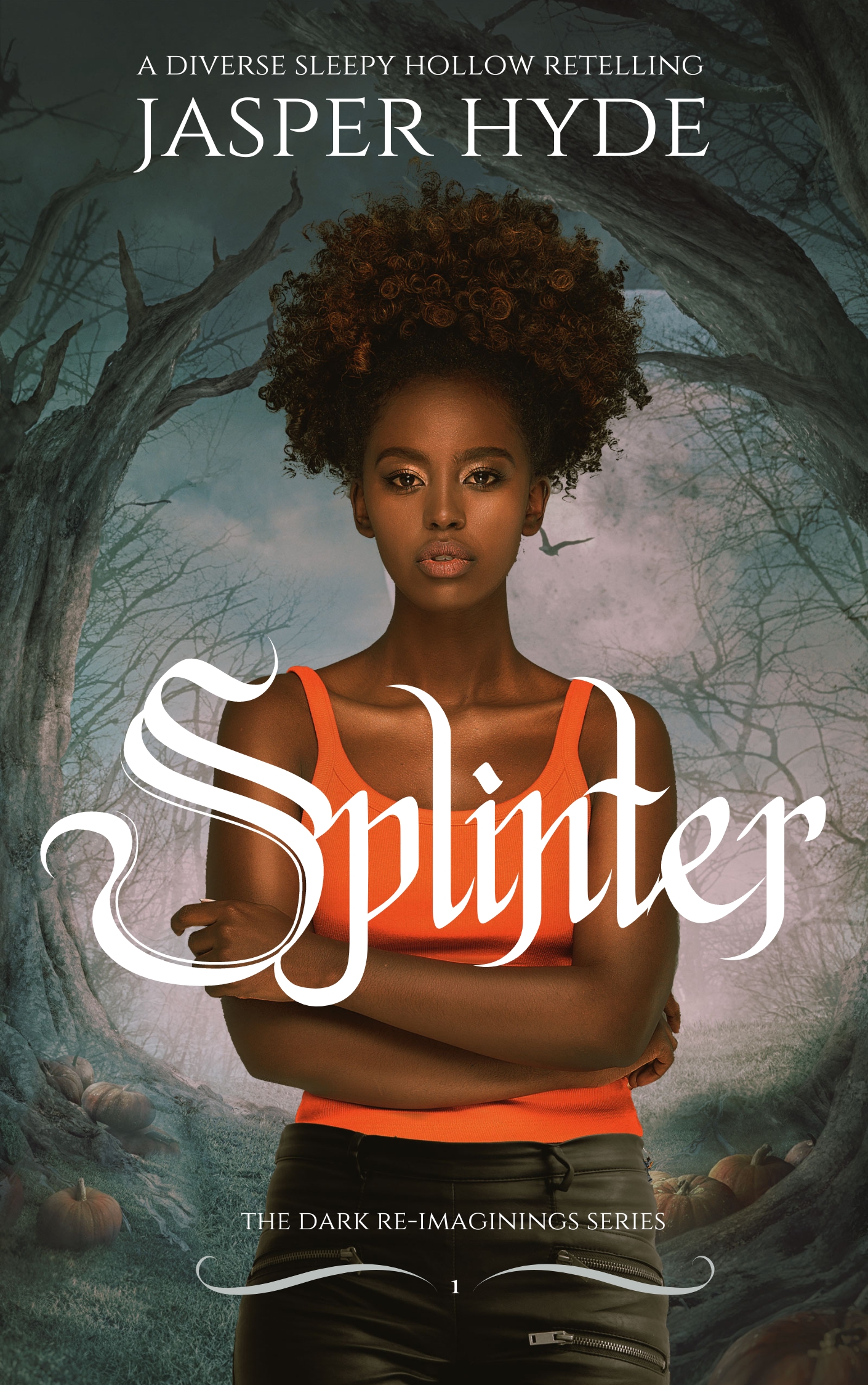 A sexy dark skinned black woman in an orange  tank and leather pants standing in front of a spooky forest - Splinter: A Diverse Sleepy Hollow Retelling by Jasper Hyde (A Queer Dark Paranormal Black Woman/Asian Man Romance)
