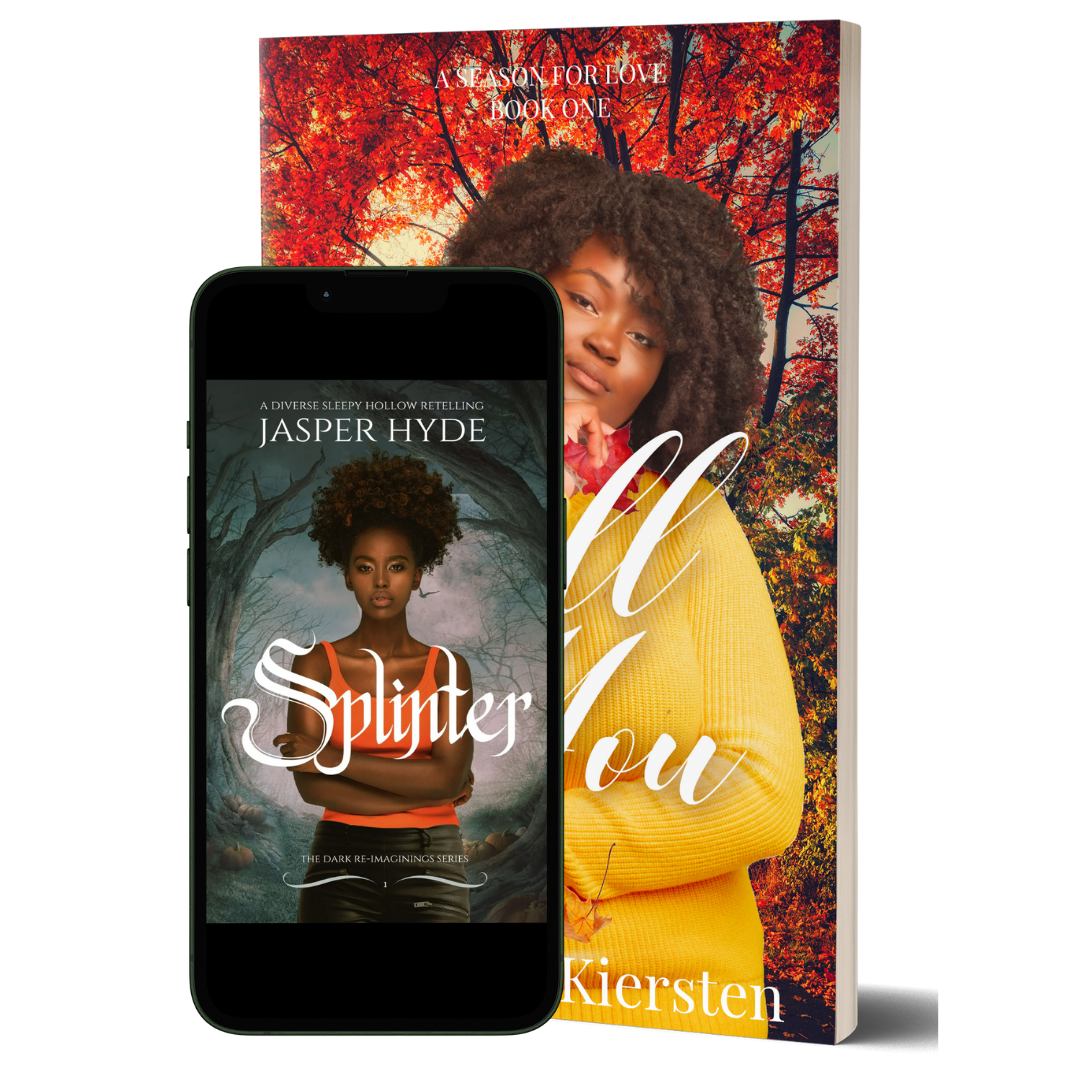 Georgina Kiersten and Jasper Hyde mockups an image of a book cover of Fall Into You by Georgina Kiersten in paperback and a image of the cover of Splinter by Jasper Hyde on a phone