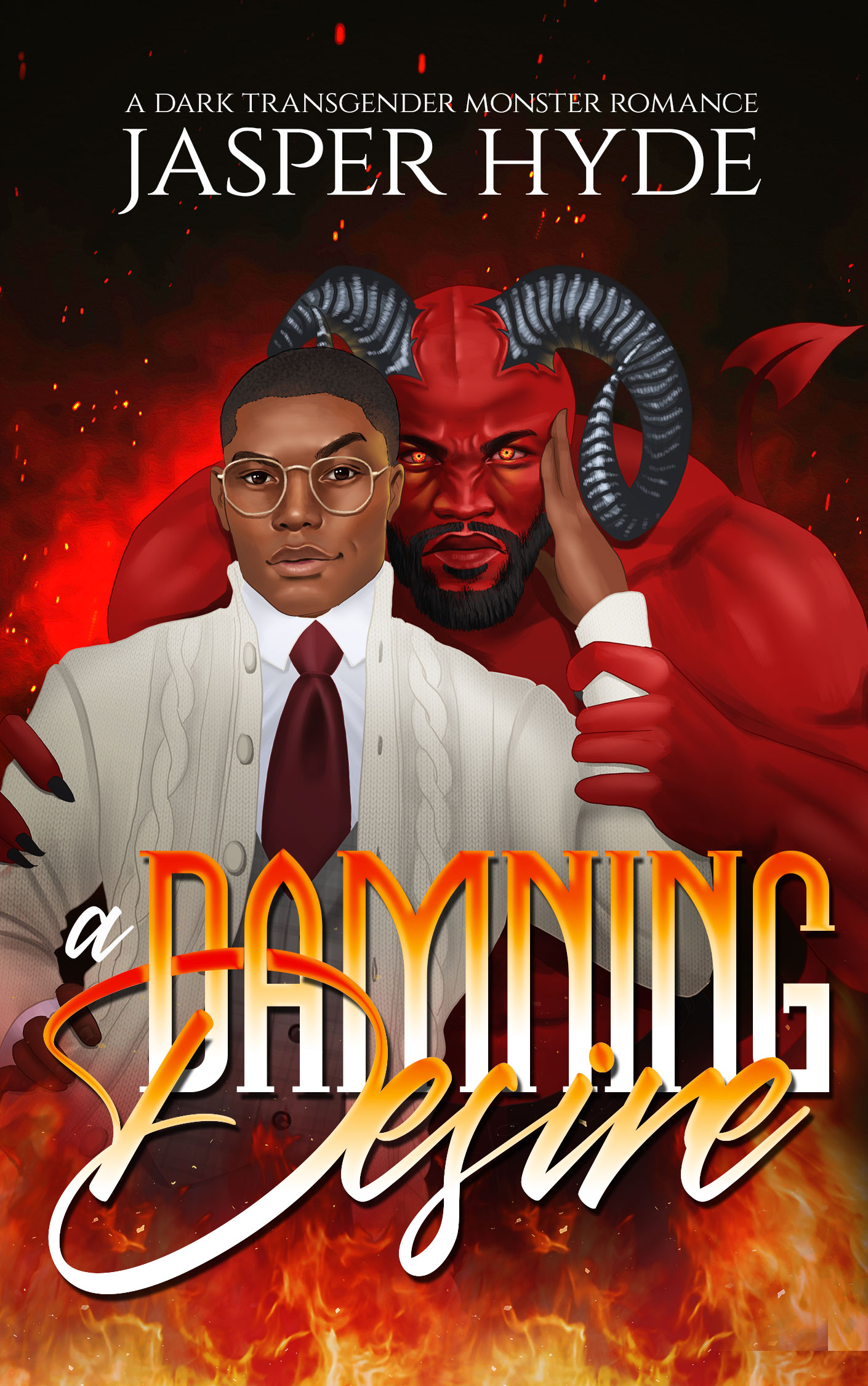 an illustration of a dark skin black man wearing glasses and a sweatervest holding a demon with red skin and horns on a firey background - A Damning Desi (A trans demon dark m/m romance)