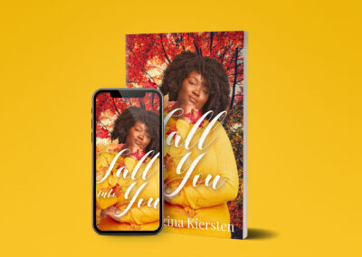 Fall Into You by Georgina Kiersten - A Plus Size Black Sapphic Romance A plus size dark skin Black woman with afro wearing a mustard color sweater standing in front of a fall forest Fall Into You by Georgina Kiersten.