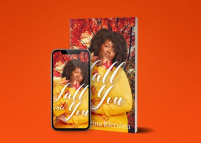 Fall Into You by Georgina Kiersten - A Plus Size Black Sapphic Romance A plus size dark skin Black woman with afro wearing a mustard color sweater standing in front of a fall forest Fall Into You by Georgina Kiersten.