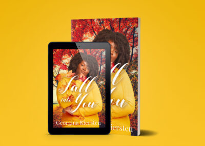 Fall Into You by Georgina Kiersten - A Plus Size Black Sapphic Romance A plus size dark skin Black woman with afro wearing a mustard color sweater standing in front of a fall forest Fall Into You by Georgina Kiersten.