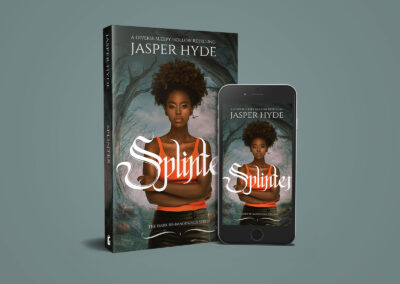 A sexy dark skinned black woman in an orange  tank and leather pants standing in front of a spooky forest - Splinter: A Diverse Sleepy Hollow Retelling by Jasper Hyde