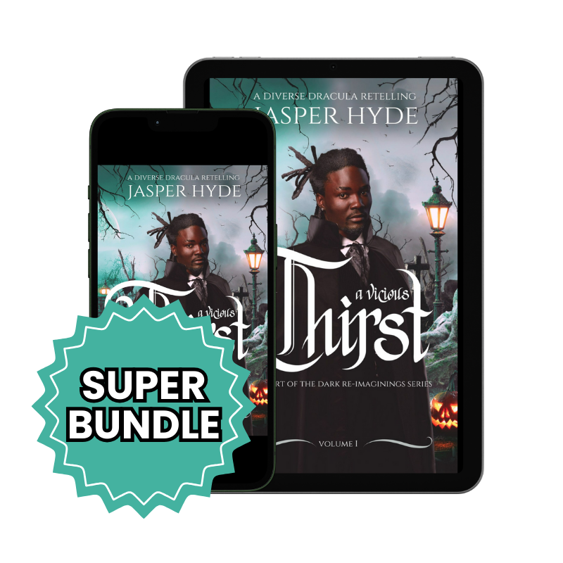 A Vicious Thirst Tablet and Phone - Super Bundle - A sexy dark skinned black man with locs wearing a frock coat and suit standing in the middle of a spooky cemetery.  - A Vicious Thirst by Jasper Hyde. (A Diverse Queer Whychoose Dracula Retelling)