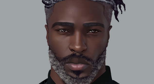A dark skin Black man with short salt and pepper color locs and beard. With intense dark eyes. 