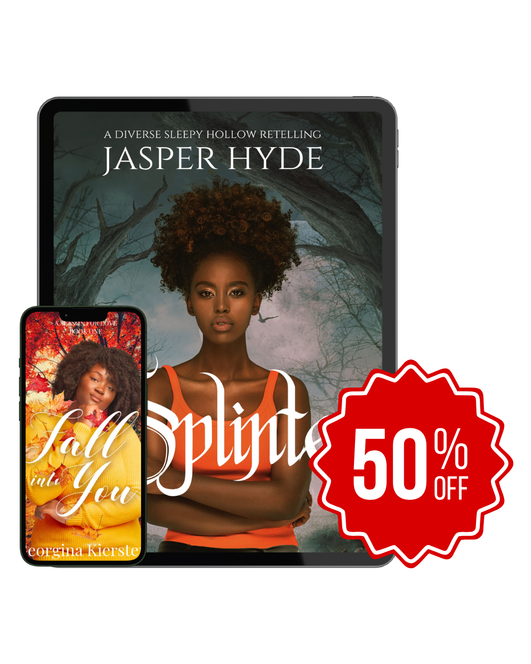 halloween sale 1 Ebook mockups iphone and tablet of Fall into You by Georgina Kiersten and Splinter by Jasper Hyde %50 off