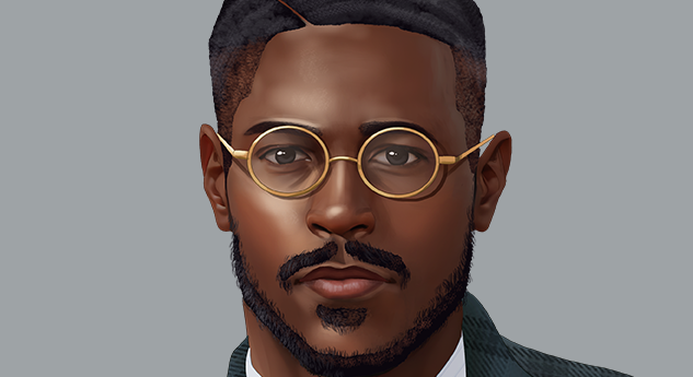 A medium brown Black man with gold rim glasses and short manicured beard. 
