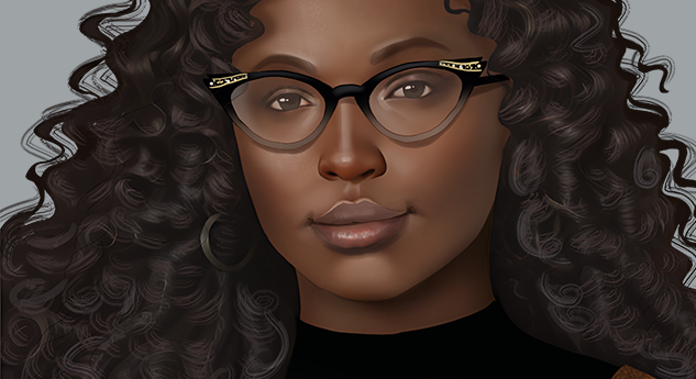 a beautiful dark skin black woman with long wavy dark hair and black cat eye glasses. 